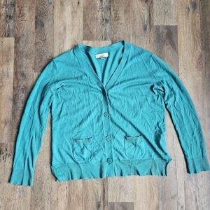 Lands' End Canvas Women's XS Teal Cotton Blend V-Neck Cardigan Sweater Pockets